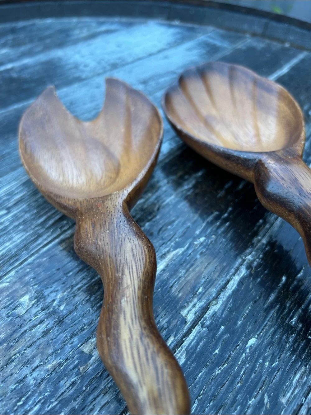 Vintage hand-carved wooden salad server Fork & Spoon set